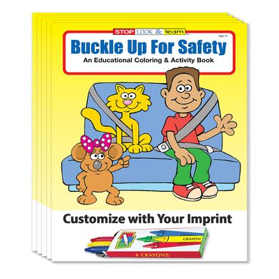 ZOCO Buckle Up, Seat Belt Safety Custom Coloring & Activity Books (250 Bulk Pack, With Crayons) Police Car Safety Theme for Kids Add Your Imprint