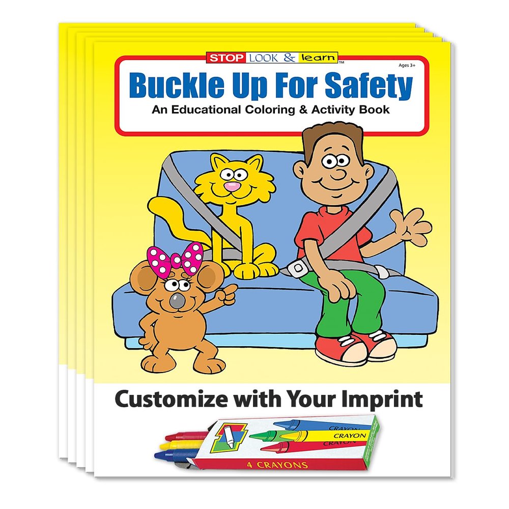 ZOCO Buckle Up, Seat Belt Safety Custom Coloring & Activity Books (250 Bulk Pack, With Crayons) Police Car Safety Theme for Kids Add Your Imprint
