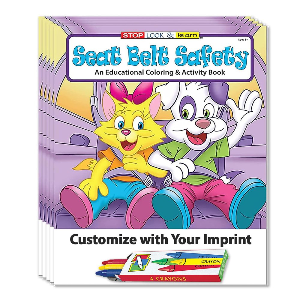 ZOCO Seat Belt Safety Custom Promotional Coloring Books (250 Bulk Pack, with Crayons) Games, Puzzles, Activities to Teach Kids to Buckle Up