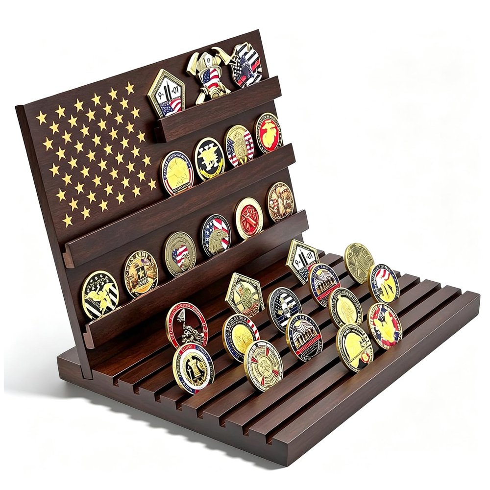 PiaoHao Challenge Coin Display Rack Holds Up to 80 Coins, Solid Wood Military Coin Holder with 3+9 Tier Collector Showcase for Veterans & Challenge Coin Collectors (Walnut)