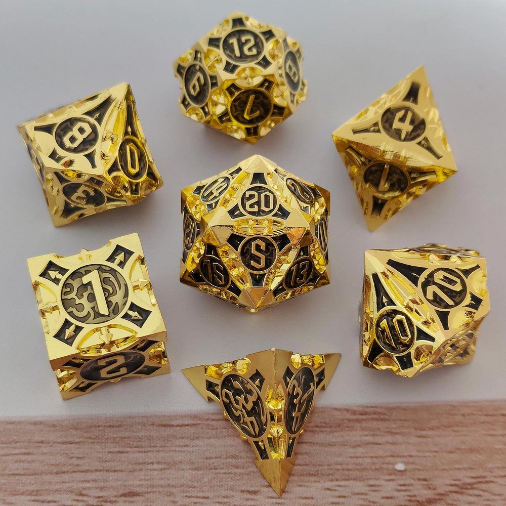 WZLHJRAR Metal DND Dice Set - D&D Polyhedral Dice 7/Set for DND (Dungeons and Dragons Gift) MTG and RPG Multiplayer Dice Set D20 Game Accessories Free Leather Storage Bag - Imitation Gold Black Dice