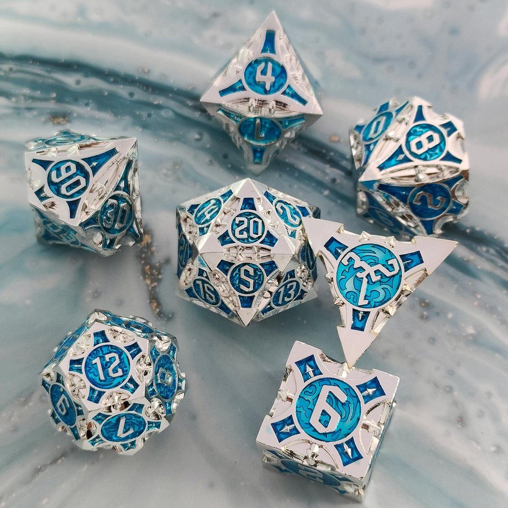 WZLHJRAR DND Metal Dice Set D&D Faceted Dice 7/Set for DND (Dungeons and Dragons) and RPG Tabletop Multiplayer D20 Dice Set Game Accessories Free Leather Storage Bag - Silver Blue Dice Set