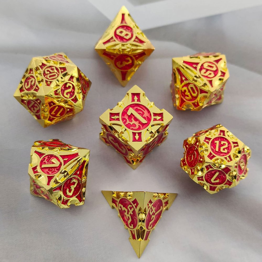 WZLHJRAR Metal DND Dice Set - D&D Polyhedral Dice 7/Set for DND (Dungeons and Dragons Gift) MTG and RPG Multiplayer Dice Set D20 Game Accessories Free Leather Storage Bag - Imitation Gold red