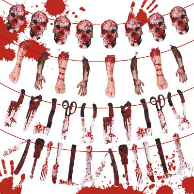 4 Sets Halloween Garland Banner Props - Scary Themed Decorations for Zombie Vampire Haunted House Party - Indoor Decor and Party Supplies
