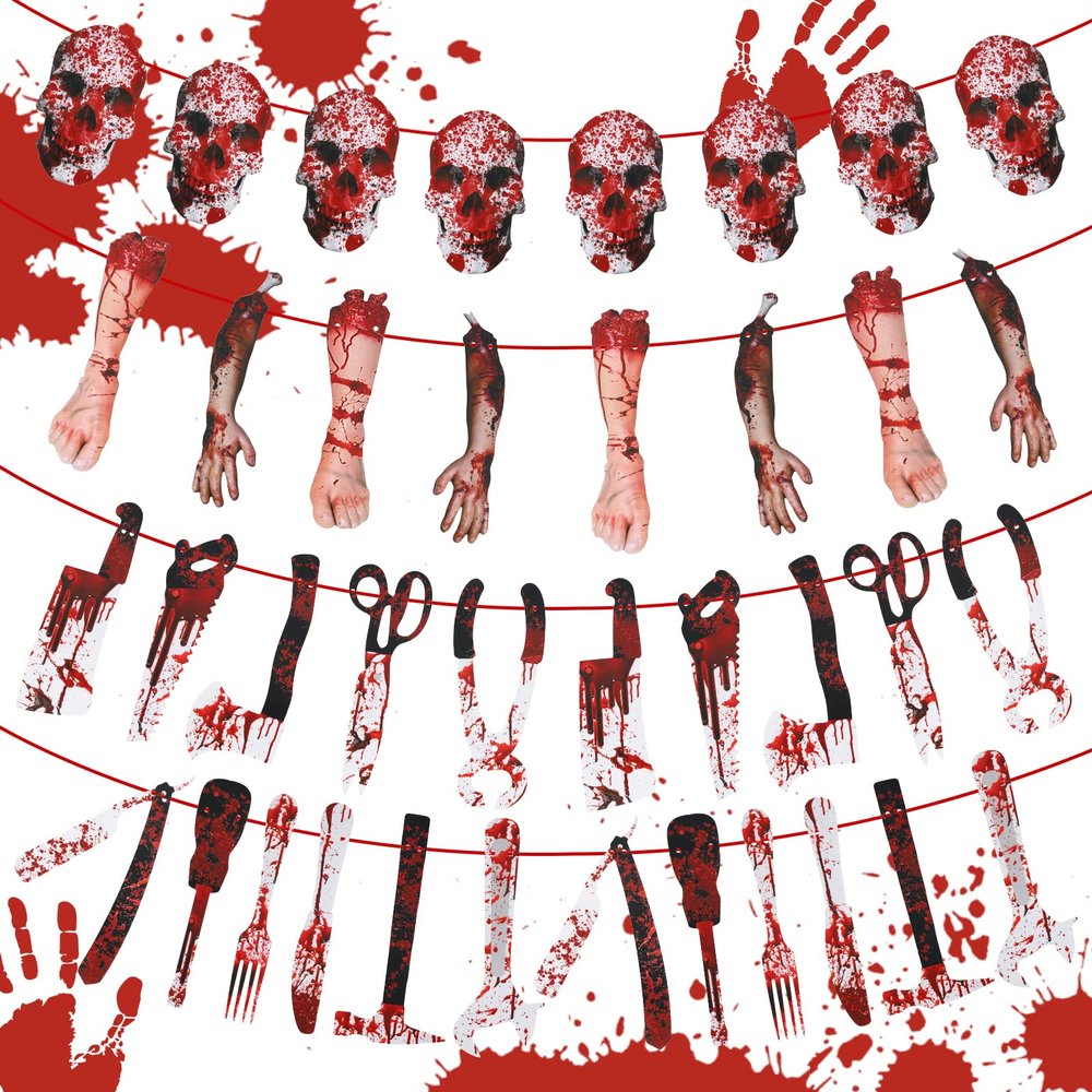 4 Sets Halloween Garland Banner Props - Scary Themed Decorations for Zombie Vampire Haunted House Party - Indoor Decor and Party Supplies