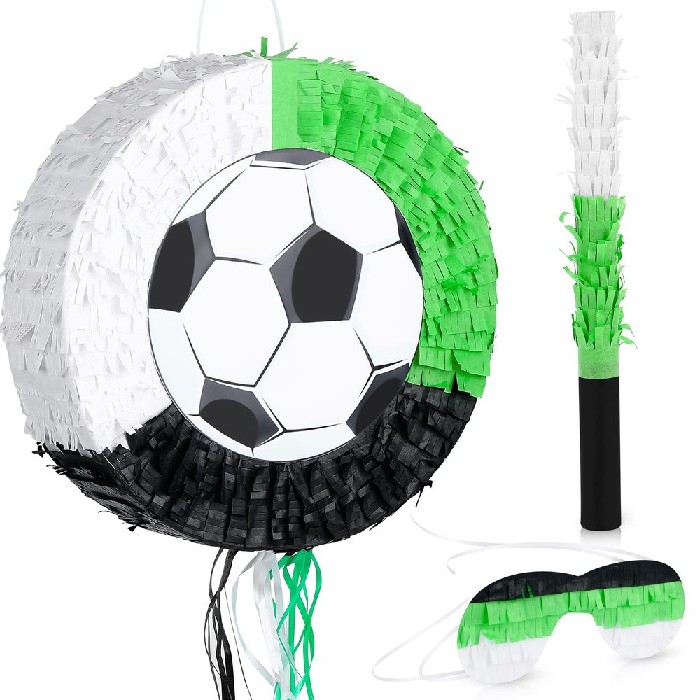 Deekin 3 Pcs Soccer Ball Piata Set Include Piata with Stick Eye Mask Soccer Ball for Kids Music Science School Sports Bridal Shower Birthday Party Decorations Supplies