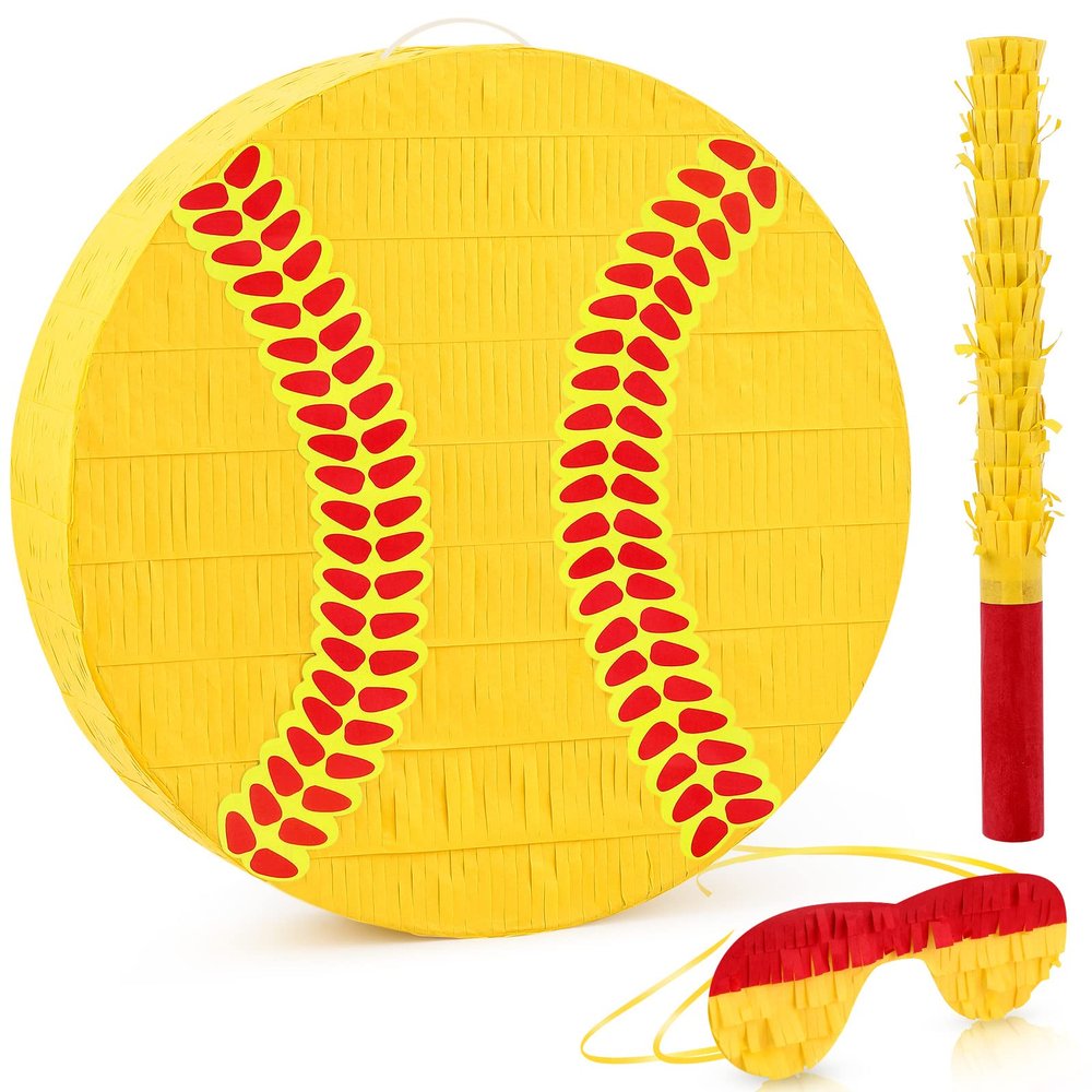 Deekin 3 Pcs Softball piata Set Include piata with Stick Eye Mask Softball for Kids Music Science School Sports Bridal Shower Birthday Party Decorations Supply