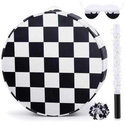 Sosation Checkerboard Soccer Piata Black and White Checkered Racing Car Sports Themed Birthday Party Supplies Football Piata with Wooden Stick Paper Blindfold Confetti Set, 12.2 x 12.2 x 2.8 Inch