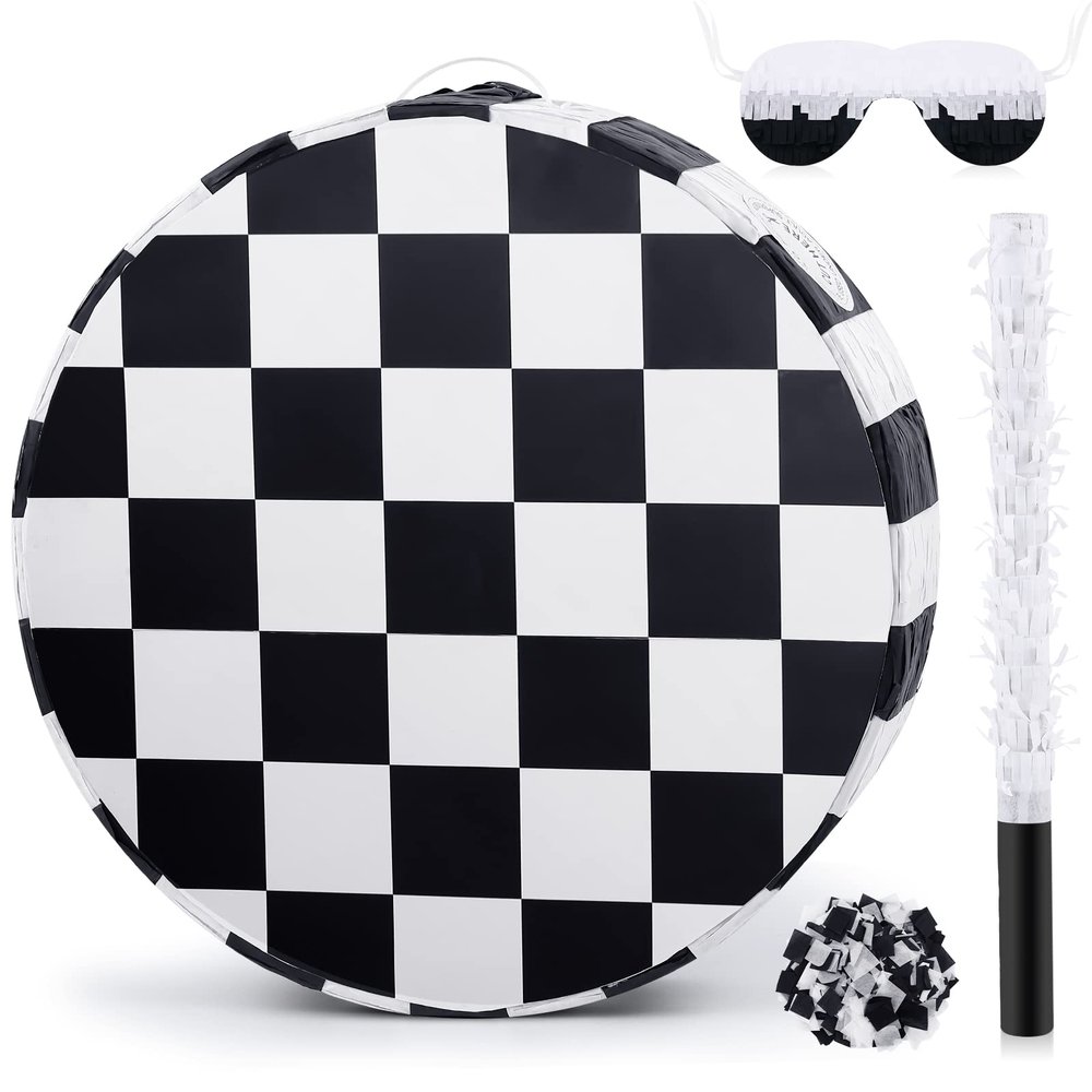 Sosation Checkerboard Soccer Piata Black and White Checkered Racing Car Sports Themed Birthday Party Supplies Football Piata with Wooden Stick Paper Blindfold Confetti Set, 12.2 x 12.2 x 2.8 Inch