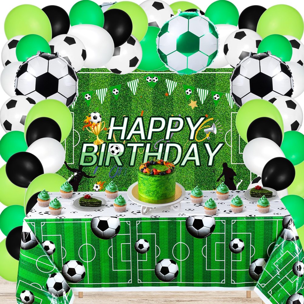 HyDren 122 Pcs Soccer Themed Birthday Party Supplies Soccer-ball Party Decorations Include Soccer-balloons Backdrop Plastic Table Covers Tablecloth Soccer Theme Sport Activity