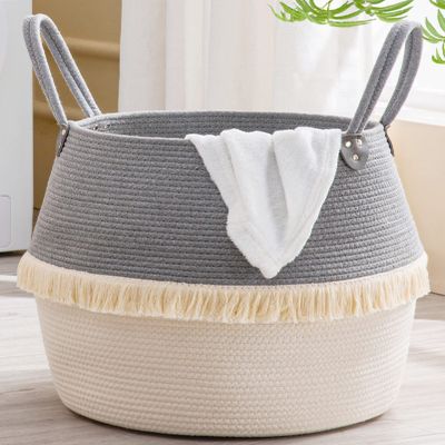 KAKAMAY Woven Baskets for Storage(17"x17"),Large Cotton Rope Woven Baby Laundry Hamper,Collapsible Laundry Basket, Blanket Basket for Organizing Living Room,Nursery,Pillows,Toy Chest(Grey)
