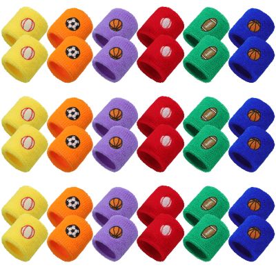 36 Pieces Sports Party Favors Sports Wristbands Kids Sports Themed Birthday Party Supplies Wrist Sweat Bands Colored Wristbands in 6 Colors and 4 Designs for Kids Sport Party Birthday Party Supplies