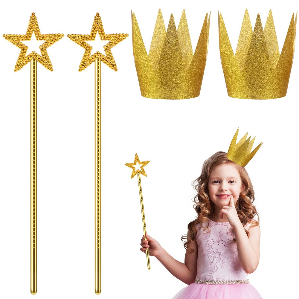 Gersoniel 2 Pcs 13 Inches Star Wand with 2 Pcs Gold Crowns Angel Fairy Princess Wand Costume for Halloween Dress up Accessories,Carnival, Christmas, Thanksgiving, Holiday Shows
