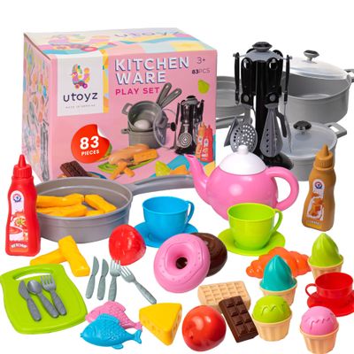 uToyz Kitchenware Playset  83pcs Toddler Play Food Sets for Kids Kitchen Playset, Mini Toddler Cooking Set with Play Kitchen Accessories & Toy Food, Cooking Toys with Toy Pots & Pans for Kids Ages 3+