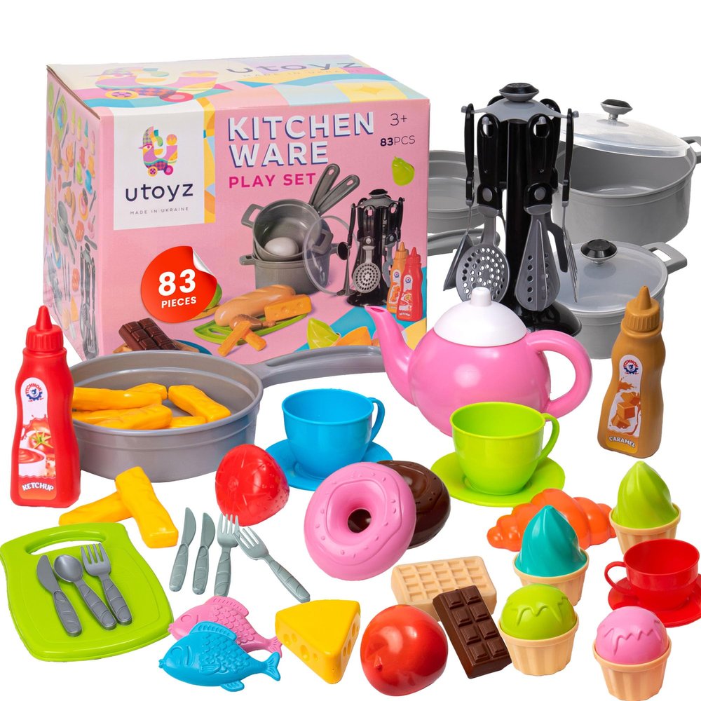 uToyz Kitchenware Playset 83pcs Toddler Play Food Sets for Kids Kitchen Playset, Mini Toddler Cooking Set with Play Kitchen Accessories & Toy Food, Cooking Toys with Toy Pots & Pans for Kids Ages 3+