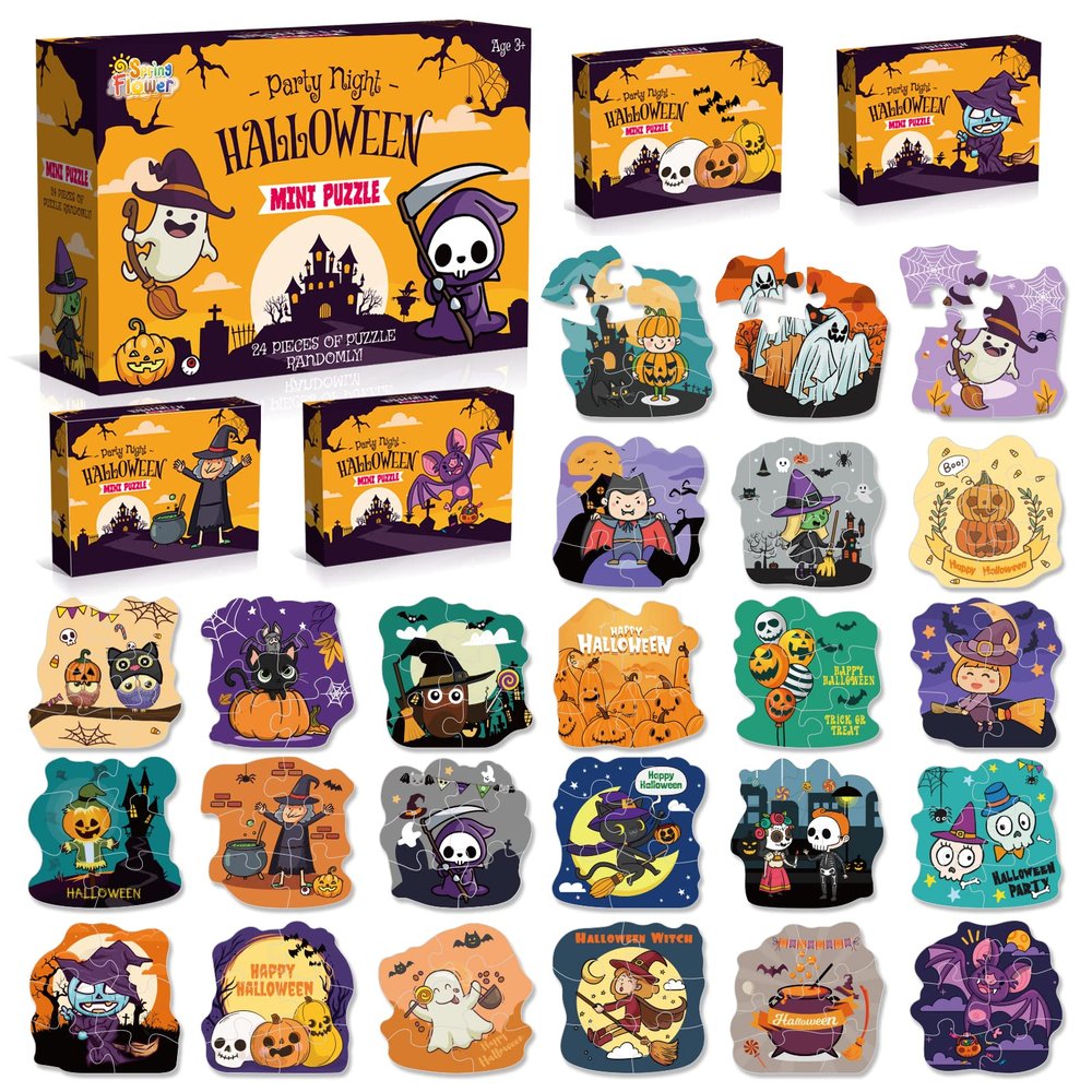 Halloween Party Favor for Kids - 24 Pack Jigsaw Puzzles in Theme Designs for Trick or Treating, Goodie Bag Filler, Miniatures Novelty Toy, School Classroom Rewards