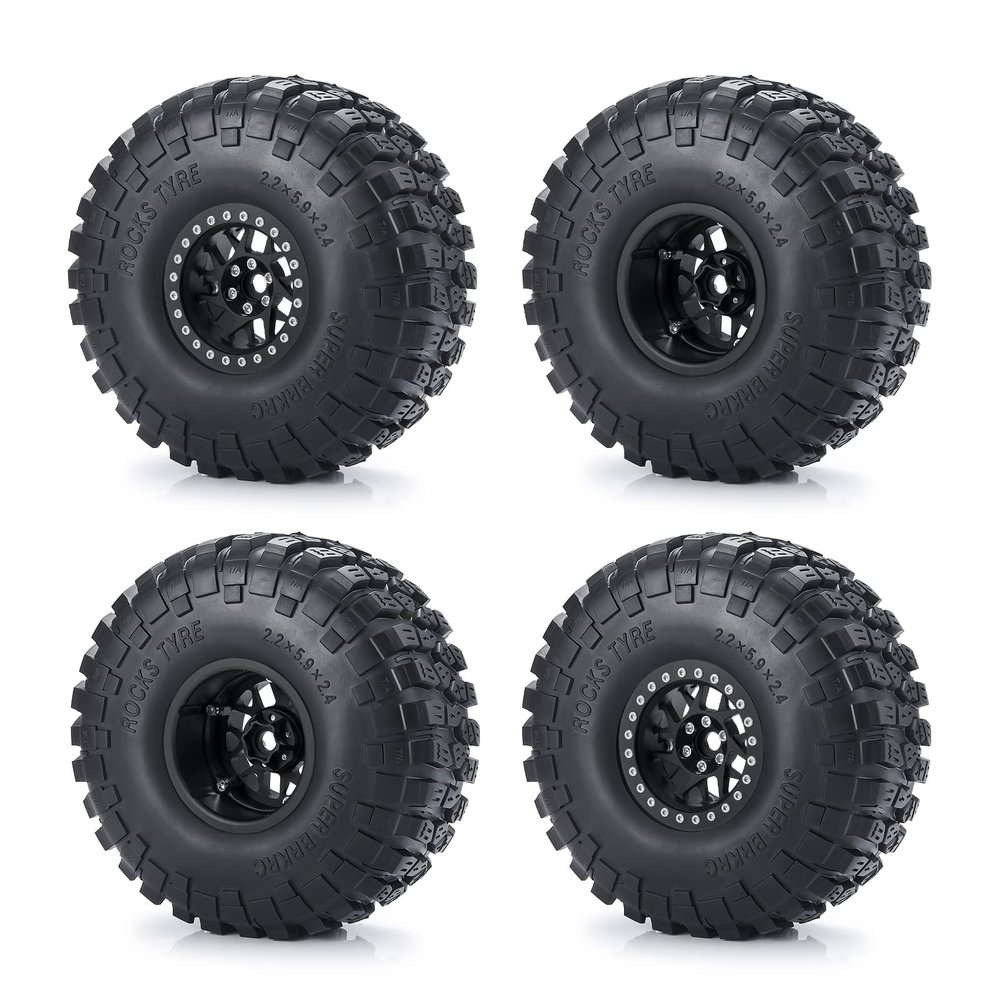 Que-T 4pcs/Set Wheel Tires Set, 2.2inches Wheel Rims Hubs with 150mm Rubber Tires Tyres for Axial RBX10 AXI03005 RR10 1/10 RC Crawler Car (Matte Black)