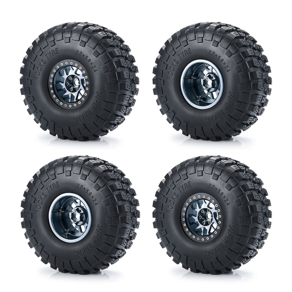 Que-T 4pcs/Set Wheel Tires Set, 2.2inches Wheel Rims Hubs with 150mm Rubber Tires Tyres for Axial RBX10 AXI03005 RR10 1/10 RC Crawler Car (Titanium Black)