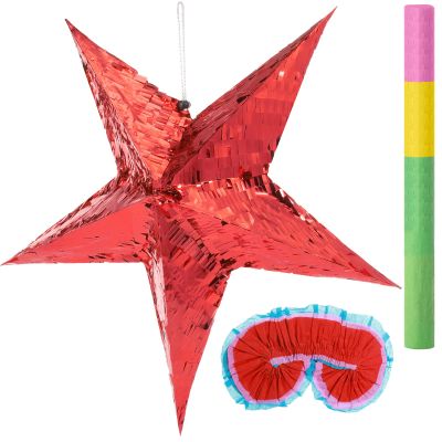 3 Pcs Foil Star Piata with a Blindfold and Bat for Kids Red Foldable Small Festive Star Piata for Toddlers Birthday Girl Boys Adults Anniversary Baby Shower