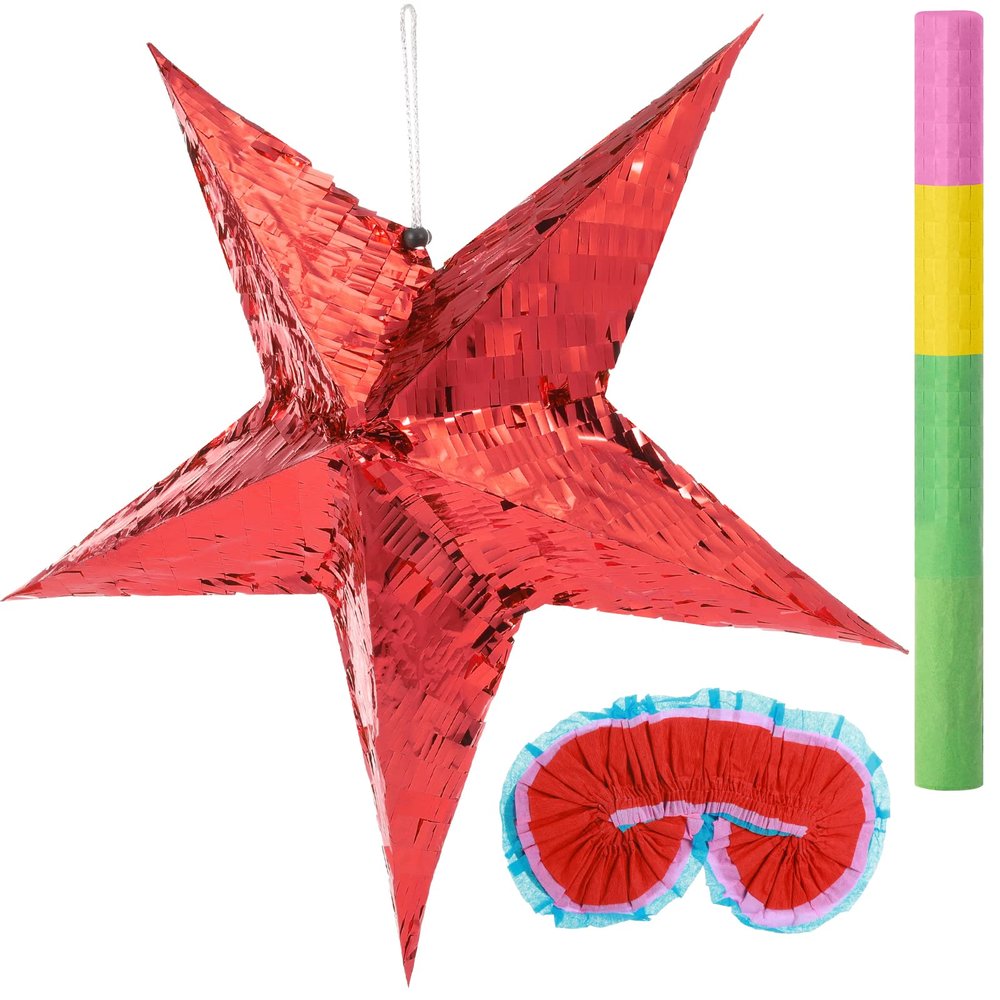 3 Pcs Foil Star Piata with a Blindfold and Bat for Kids Red Foldable Small Festive Star Piata for Toddlers Birthday Girl Boys Adults Anniversary Baby Shower