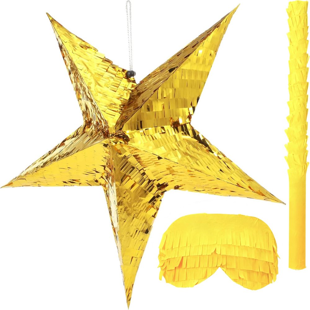 3 Pcs Foil Star Piata with a Blindfold and Bat for Kids Gold Foldable Festive Star Piata for Toddlers Birthday Girl Boys Adults Anniversary Baby Shower