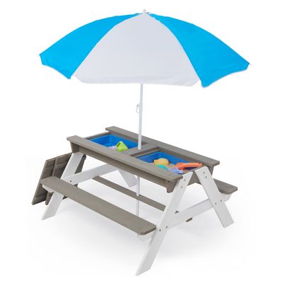 Mederra 3-in-1 Wooden Kids Picnic Table with Adjustable Umbrella, Sand and Water Activity Table with Removable Boxes for Outdoor Backyard Patio Play