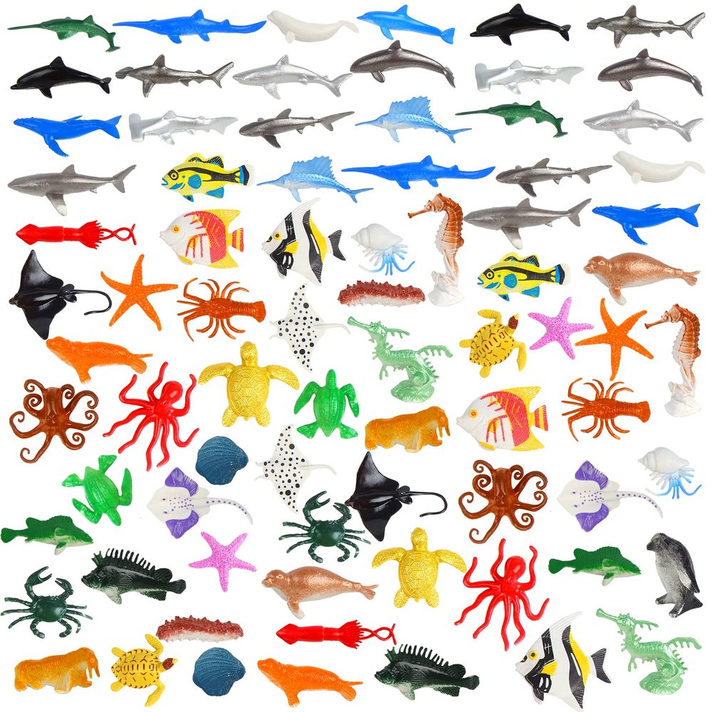 FINGOOO 80 Pieces Sea Creatures Toys for Kids,Assorted Vinyl Plastic Ocean Animals Toys for Party Favors Classroom Educational Goodie Bag Filler Cupcake Topper