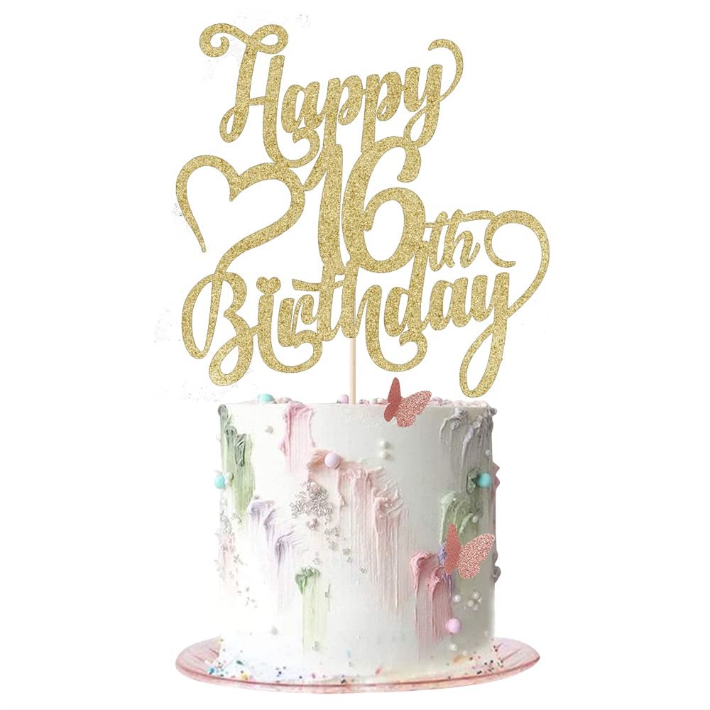 AROKIPPRY Gold Glitter Happy 16th Birthday Cake Topper - 16 Anniversary/Birthday - Hello 16, Cheers to 16 Years,16 & Fabulous Cake Topper Party Decoration