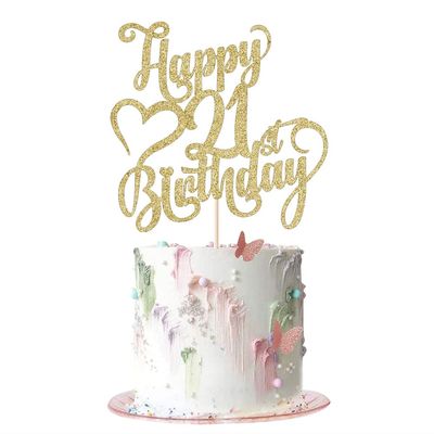 AROKIPPRY Gold Glitter Happy 21st Birthday Cake Topper - 21 Anniversary/Birthday - Hello 21, Cheers to 21 Years,21 & Fabulous Cake Topper Party Decoration