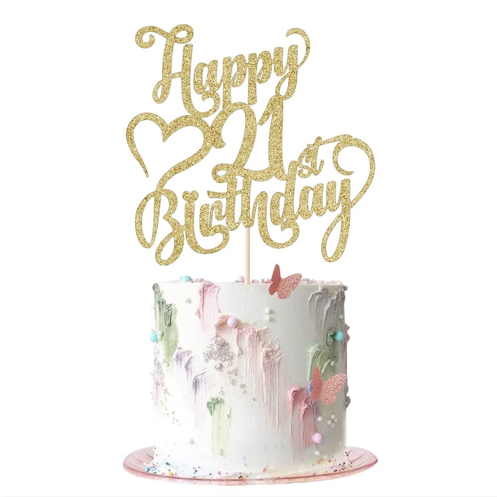 AROKIPPRY Gold Glitter Happy 21st Birthday Cake Topper - 21 Anniversary/Birthday - Hello 21, Cheers to 21 Years,21 & Fabulous Cake Topper Party Decoration