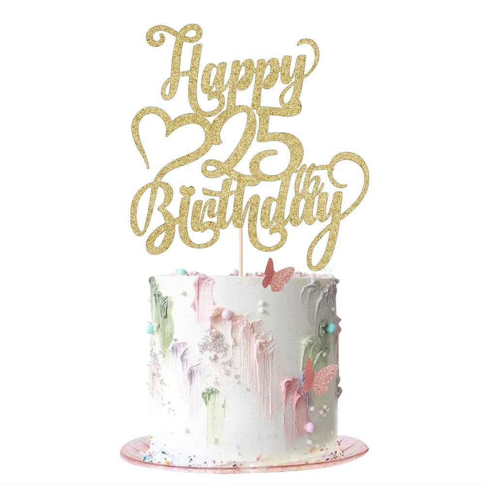 AROKIPPRY Gold Glitter Happy 25th Birthday Cake Topper - 25 Anniversary/Birthday - Hello 25, Cheers to 25 Years,25 & Fabulous Cake Topper Party Decoration