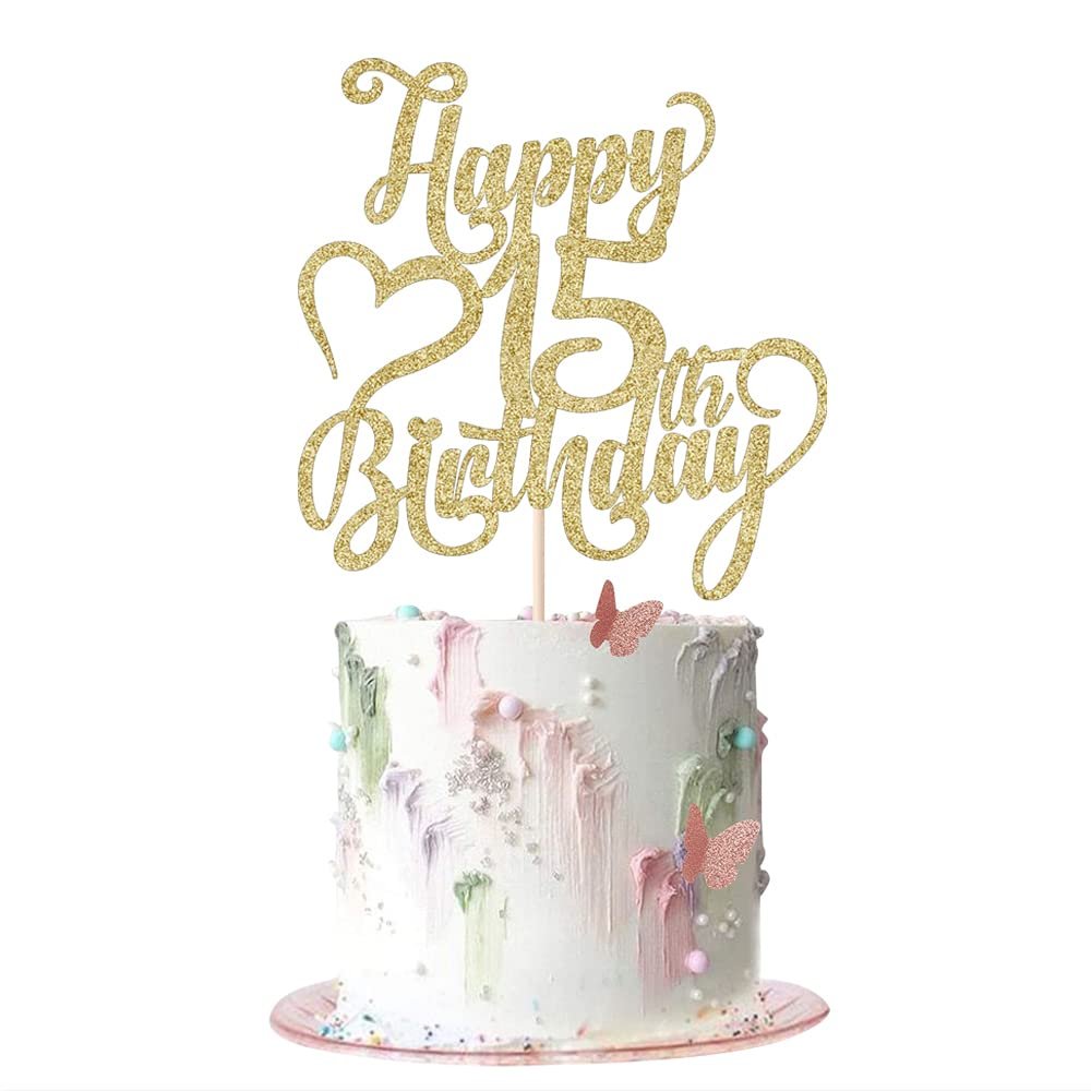 AROKIPPRY Gold Glitter Happy 15th Birthday Cake Topper - 15 Anniversary/Birthday - Hello 15, Cheers to 15 Years,15 & Fabulous Cake Topper Party Decoration