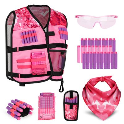 Lehoo Castle Kids Tactical Vest Kit Girls for Nerf Guns N-Strike Elite Series for Boys, with 30 Refill Darts, Dart Pouch, Tactical Mask, Protective Glasses (Pink)