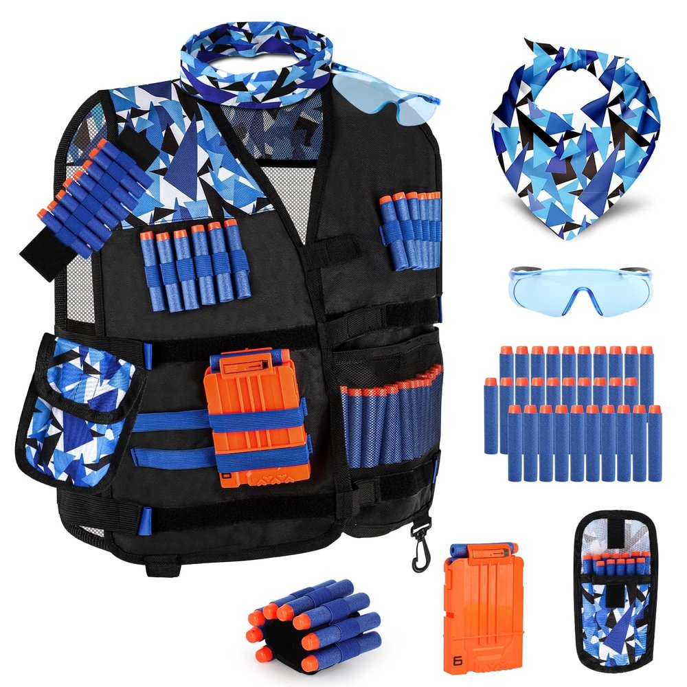 Lehoo Castle Kids Tactical Vest Kit for Nerf Guns N-Strike Elite Series for Boys Girls, with 30 Refill Darts, Dart Pouch, Tactical Mask, Reload Clips, Wrist Band and Protective Glasses (Blue)