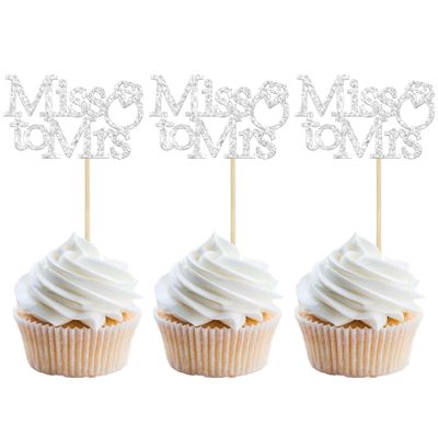Gyufise 24Pcs Silver Glitter Miss to Mrs Cupcake Toppers with Ring Wedding Engagement Cake Picks Decorations for Bridal Shower Birthday Party Decorations Supplies
