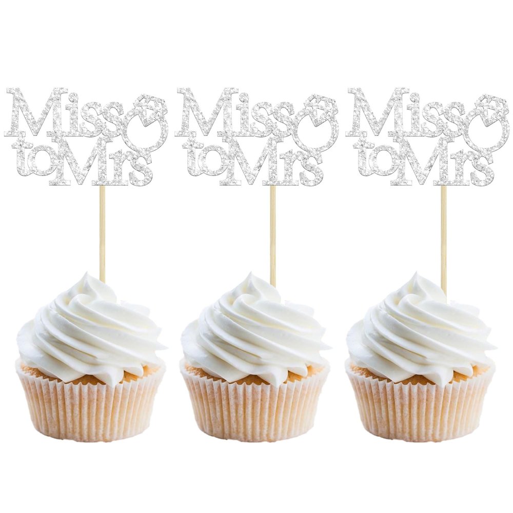 Gyufise 24Pcs Silver Glitter Miss to Mrs Cupcake Toppers with Ring Wedding Engagement Cake Picks Decorations for Bridal Shower Birthday Party Decorations Supplies