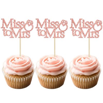 Gyufise 24Pcs Rose Gold Glitter Miss to Mrs Cupcake Toppers with Ring Bridal Shower Cupcake Picks Wedding Engagement Birthday Party Cake Decorations Supplies
