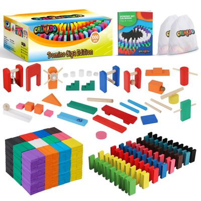 Calmado 1000 PCS Wooden Dominos for Kids - Domino Toys for Outdoor or Indoor Game, Dominos for Kids Ages 4-12 Including Bag, Instruction Manual & Accessories