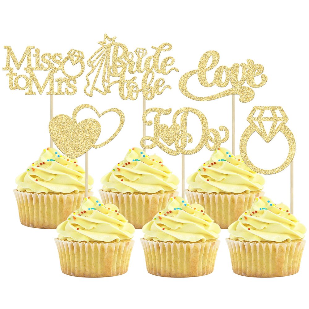 Gyufise 24Pcs Bride to Be Cupcake Toppers Gold Glitter I Do Love Heart Ring Miss To Mrs Cupcake Picks Bridal Shower Cake Decorations for Wedding Engagement Bachelorette Party Supplies
