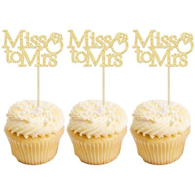 Gyufise 24Pcs Miss to Mrs Cupcake Toppers with Ring Bridal Shower Cupcake Picks Decorations for Wedding Engagement Birthday Party Cake Decorations Supplies Gold