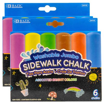 BAZIC PRODUCTS Jumbo Sidewalk Chalks 6 Colors, for Outdoor Coloring Drawing Art, Gift for Kids Teacher, 2-Pack