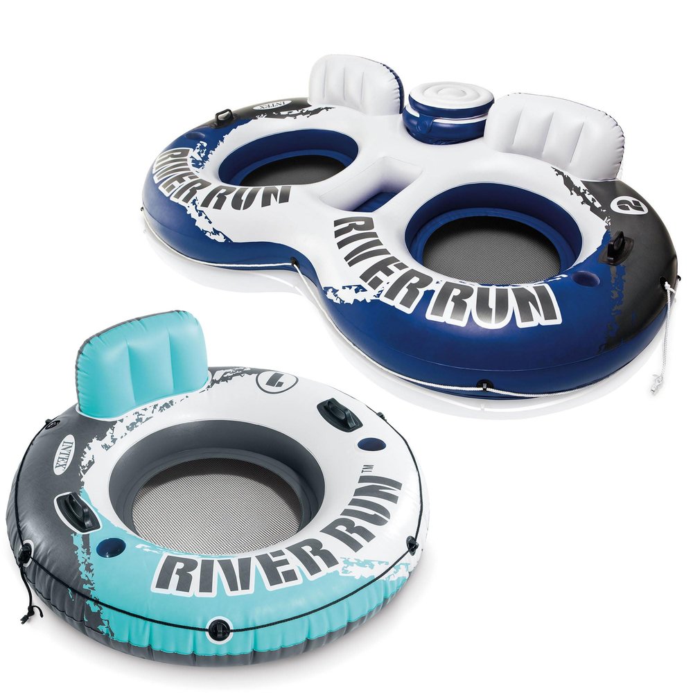 Intex River Run 53 Inch Inflatable Floating Water Tube Lake Pool Ocean Raft & River Run II Inflatable 2 Person Pool Tube Float w/ Cooler & Repair Kit