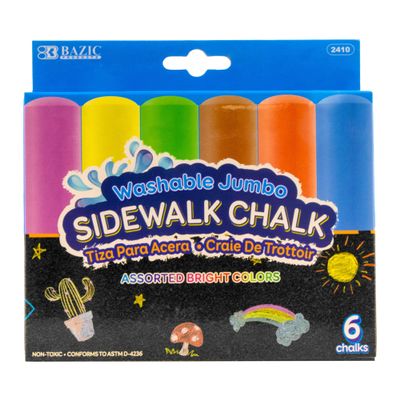 BAZIC PRODUCTS Jumbo Sidewalk Chalks 6 Colors, for Outdoor Coloring Drawing Art, Gift for Kids Teacher, 1-Pack