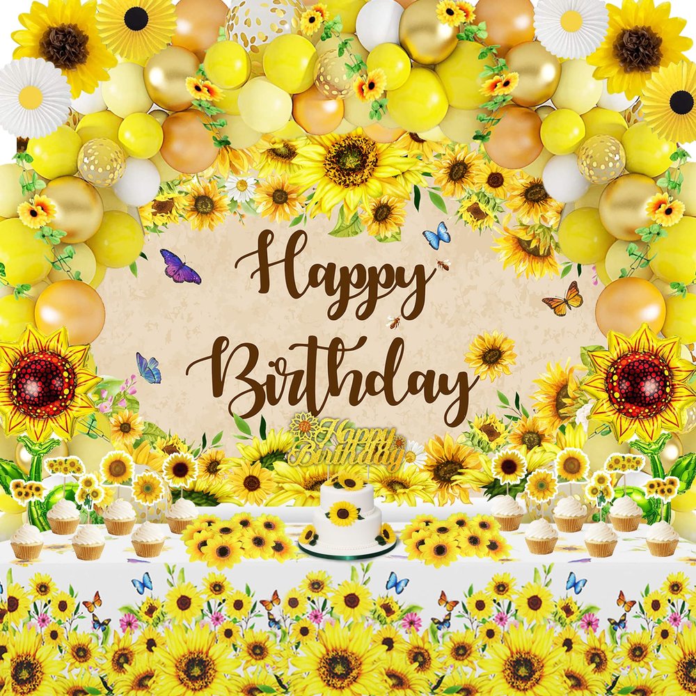 Sunflower Birthday Party Decoration Pack 111 Pcs Baby Shower Party Supplies Wedding Decor include Backdrop Tablecloth Artificial Sunflower Garland Cake Topper Balloon Garland Arch Tissue Paper Flower