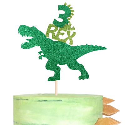 1 Pack Dinosaur 3rd Rex Happy Birthday Cake Topper Glitter T-Rex Third Cake Pick Baby Shower 3rd Birthday Dinosaur Theme Party Cake Decorations Supplies Green