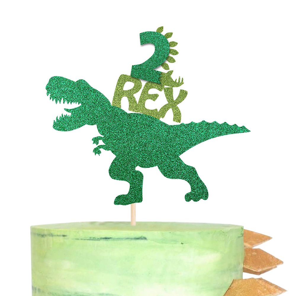 1 Pack Dinosaur 2nd Rex Happy Birthday Cake Topper Glitter Second Cake Pick Baby Shower 2nd Birthday Dinosaur Theme Party Cake Decorations Supplies Green