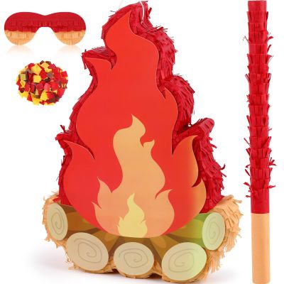 Sosation Camping Campfire Piata Fake Flame Birthday Party Decoration Camping Adventure Baby Shower Photo Props with Stick Blindfold Paper Confetti Set for Kids Boys and Girls, 16.1 x 10.2 x 2.8 Inch