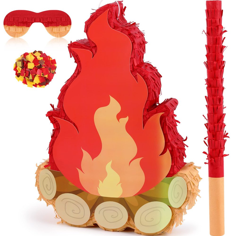 Sosation Camping Campfire Piata Fake Flame Birthday Party Decoration Camping Adventure Baby Shower Photo Props with Stick Blindfold Paper Confetti Set for Kids Boys and Girls, 16.1 x 10.2 x 2.8 Inch