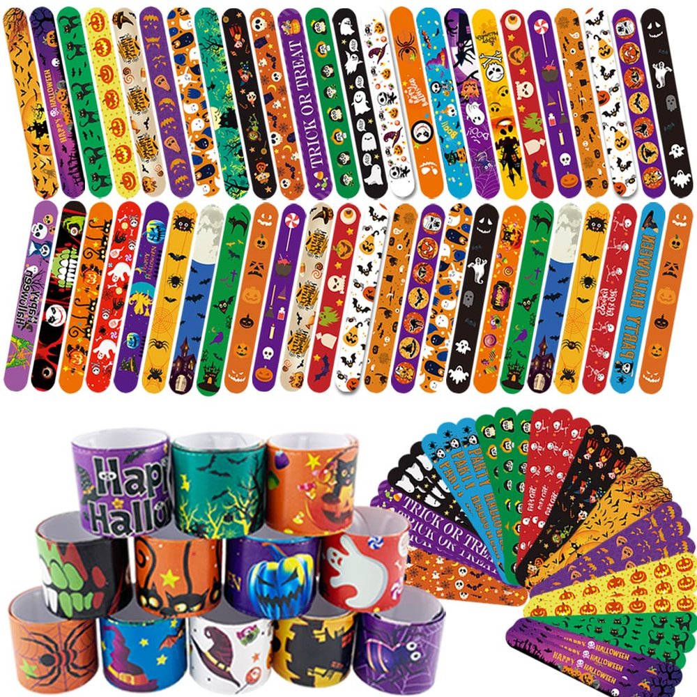 SUNPROUND Halloween Slap Bracelet,100Pcs Slap Bracelet Wristbands with Spider Pumpkin Ghost Zombie Bat Witches Design Snap Bracelet for Kids Party Favors Toys Prizes Goodie Bags Fillers