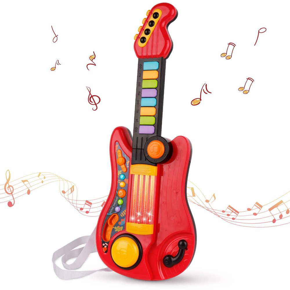 Kids Guitar 2 in 1 Musical Instruments for Kids Piano Toddler Toy Electric Guitars with Strap Music Toys for 3 4 5 Year Old Boys Girls Gifts (Red)